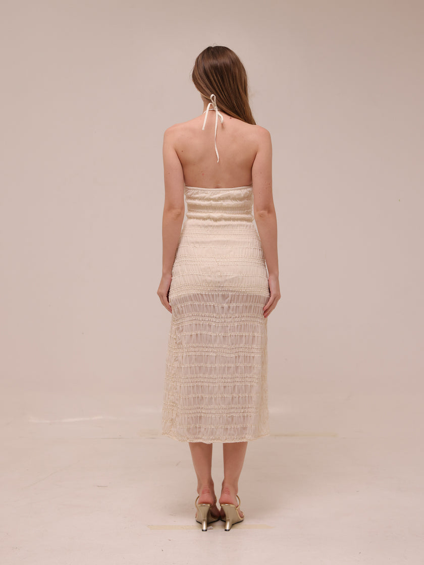 Elara Ruched Halter Maxi Dress
