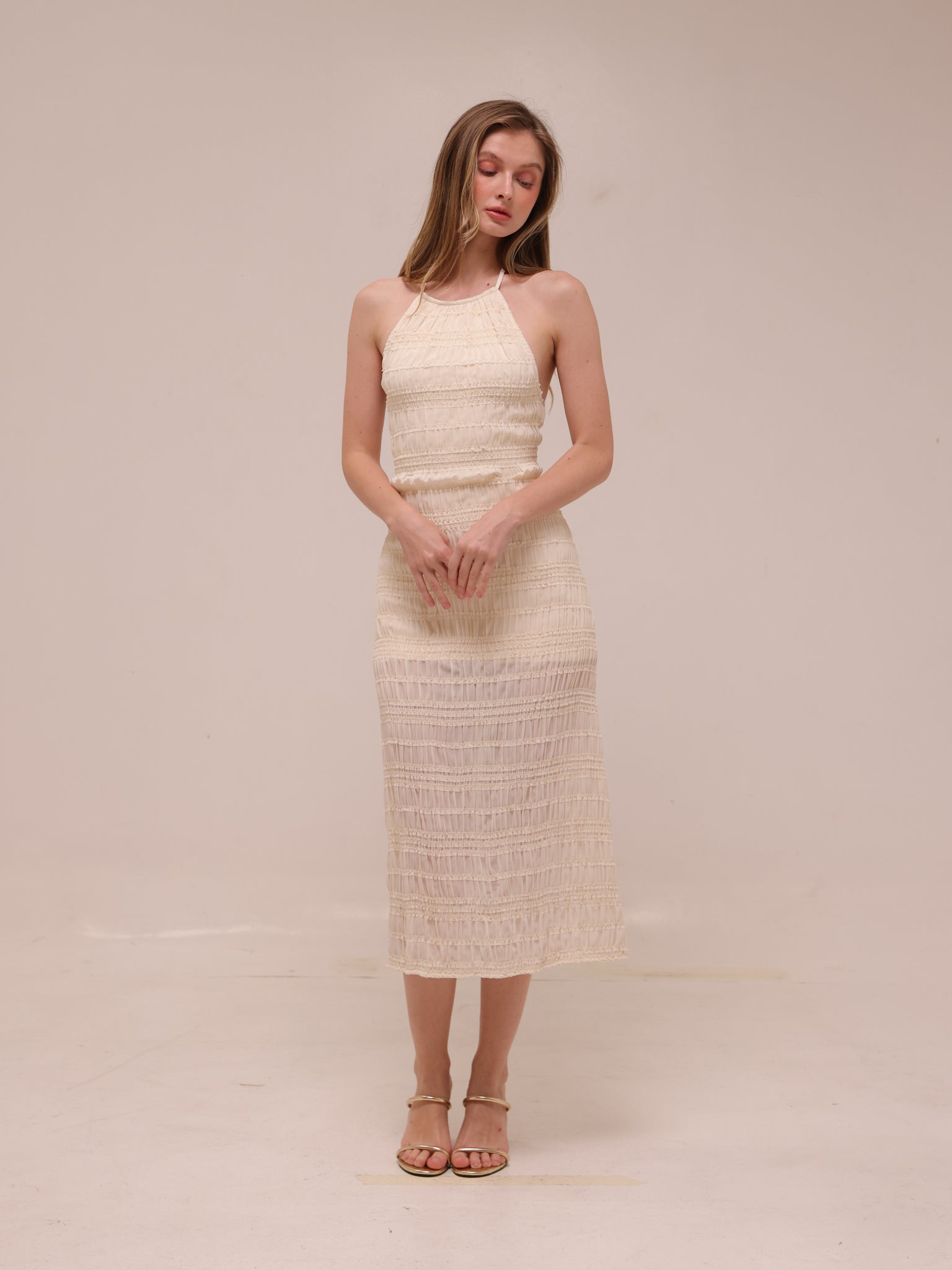 Elara Ruched Halter Maxi Dress