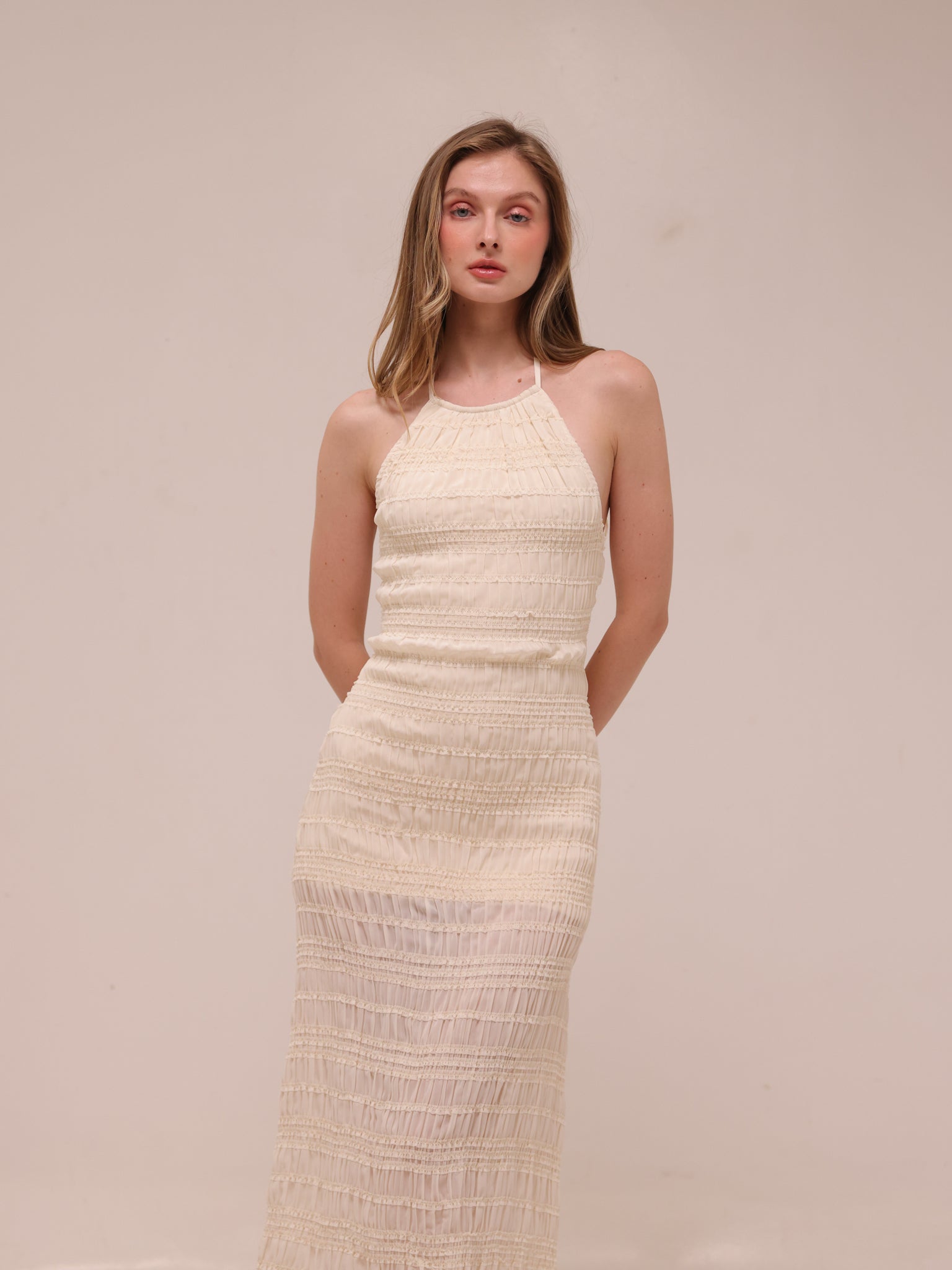 Elara Ruched Halter Maxi Dress