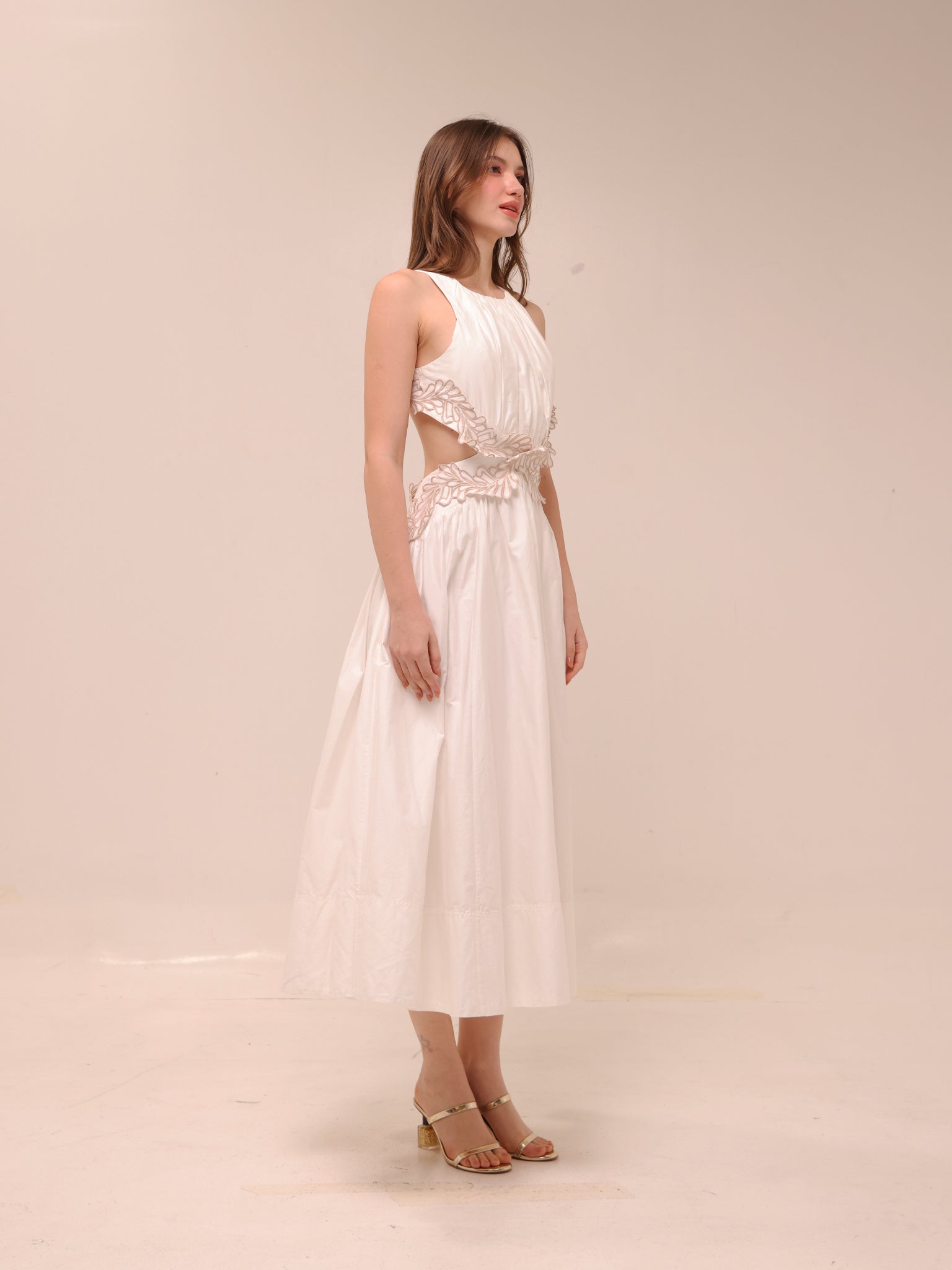 Botanical Trim Midi Dress Ivory