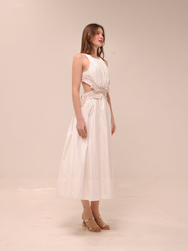 Botanical Trim Midi Dress Ivory