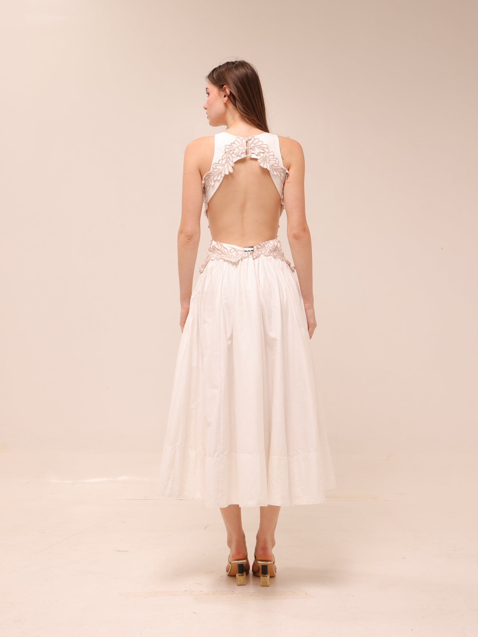 Botanical Trim Midi Dress Ivory