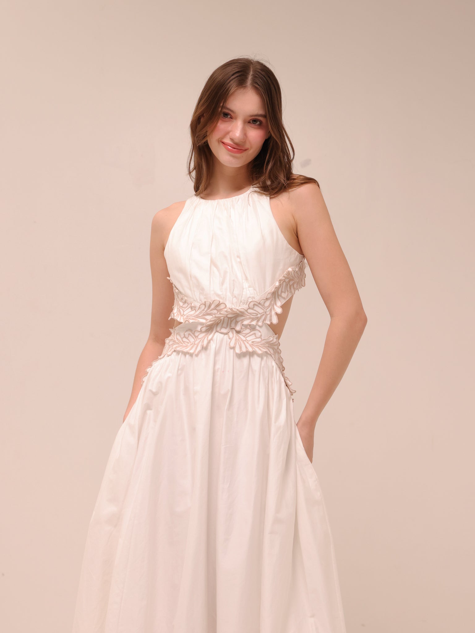 Botanical Trim Midi Dress Ivory
