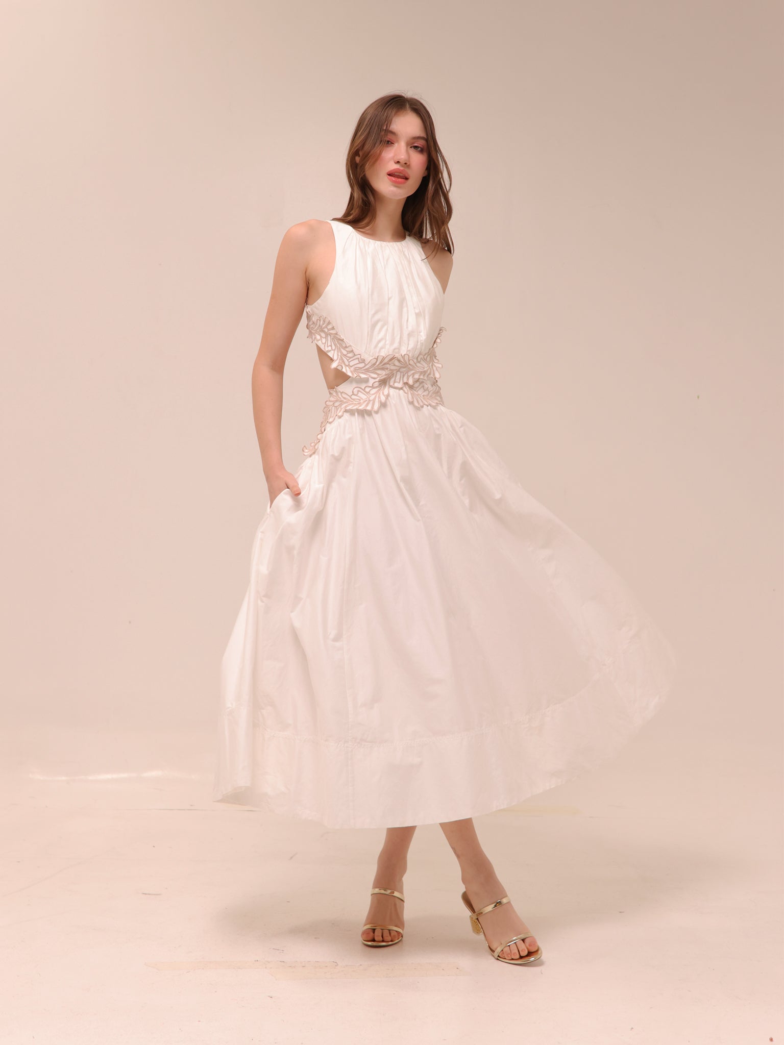 Botanical Trim Midi Dress Ivory