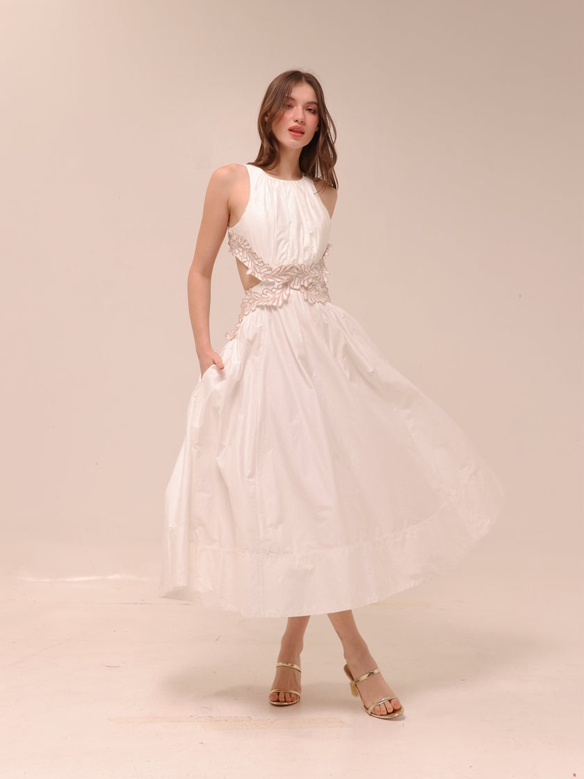 Botanical Trim Midi Dress Ivory