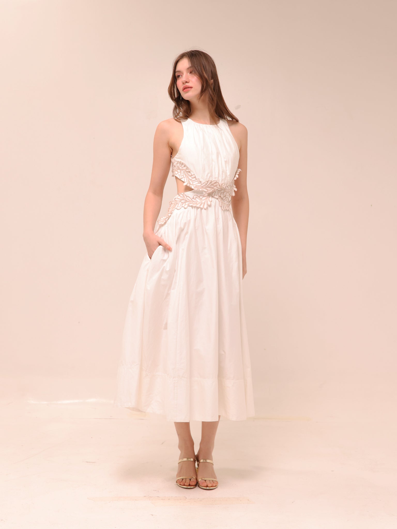Botanical Trim Midi Dress Ivory