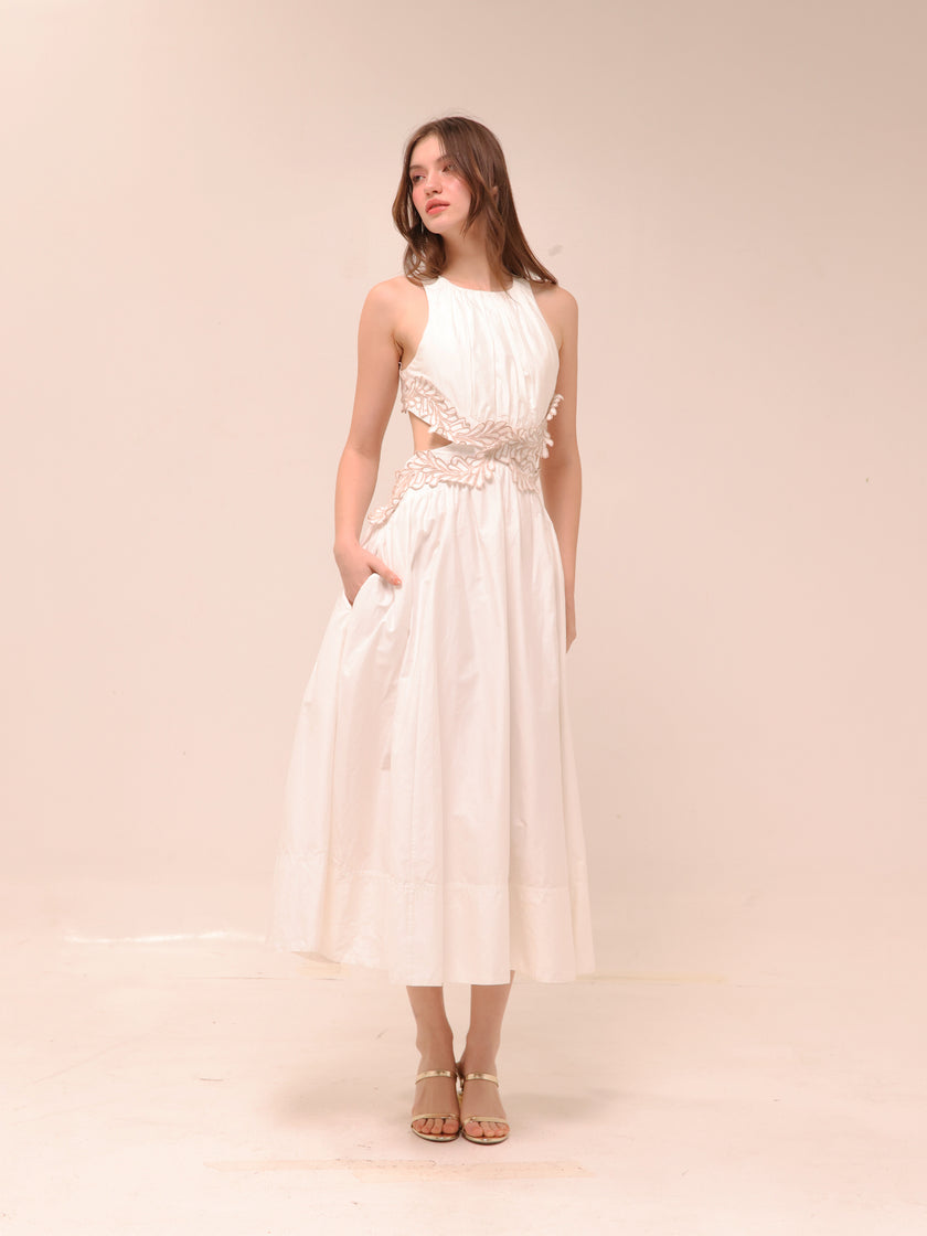 Botanical Trim Midi Dress Ivory