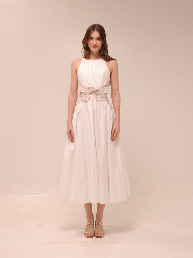 Botanical Trim Midi Dress Ivory