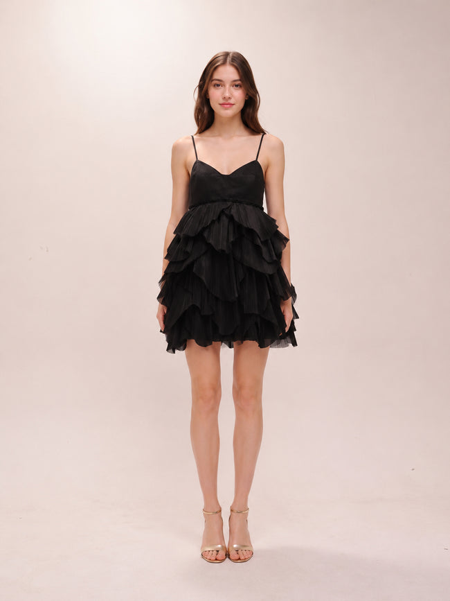 Elsie Pleat Mini Dress in Black