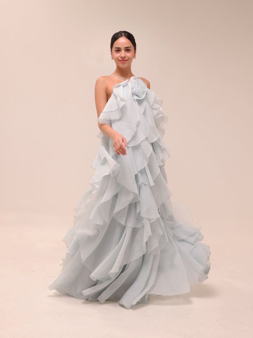 Pandorea Layered Maxi Dress in Silver Blue
