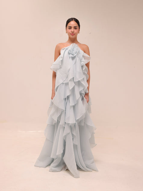 Pandorea Layered Maxi Dress in Silver Blue