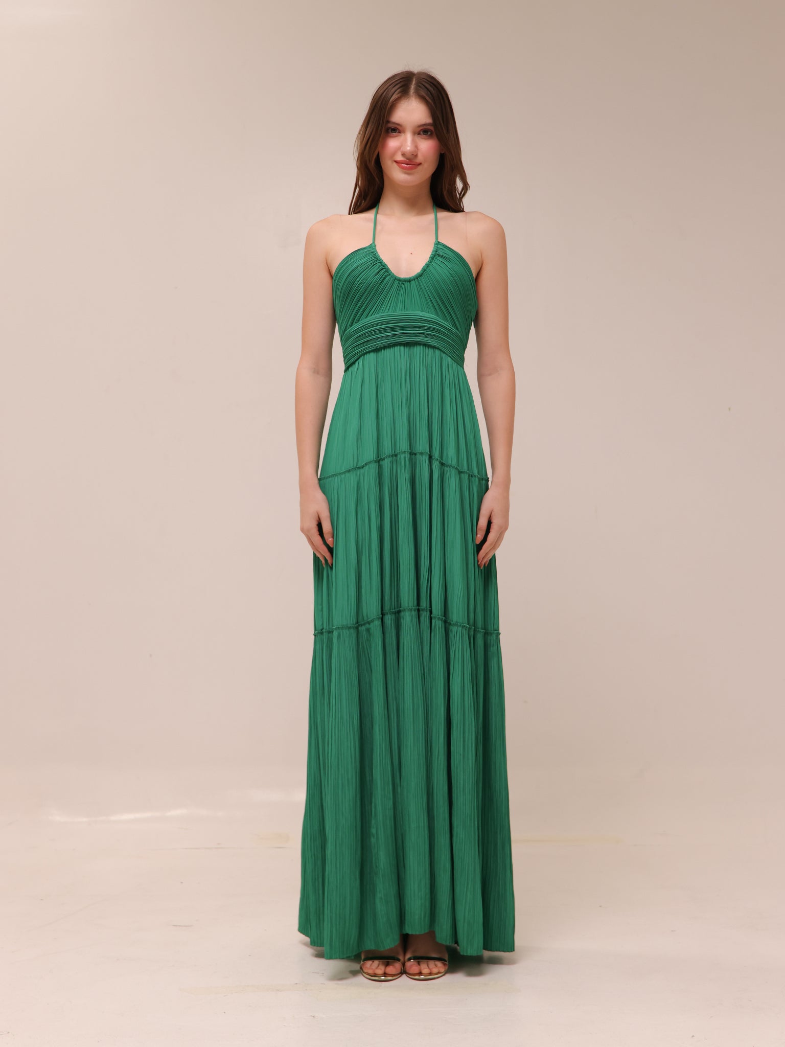 Cecilia Plissé Satin Halter Maxi Dress