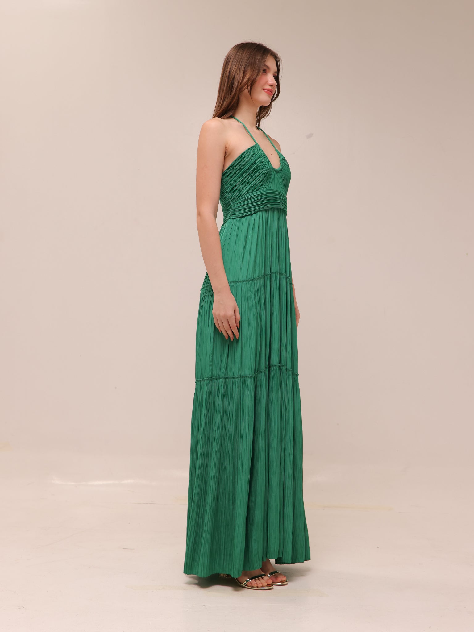 Cecilia Plissé Satin Halter Maxi Dress