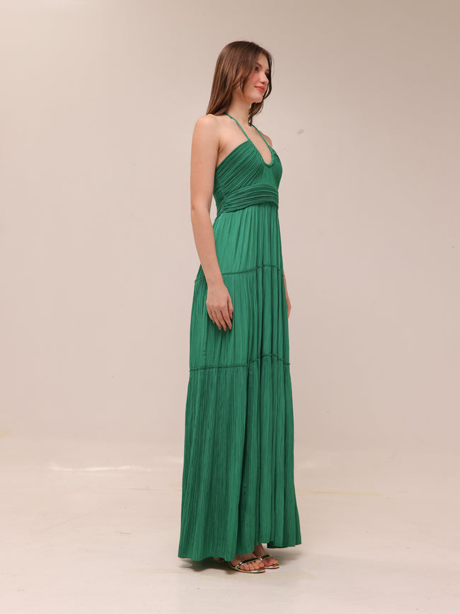 Cecilia Plissé Satin Halter Maxi Dress