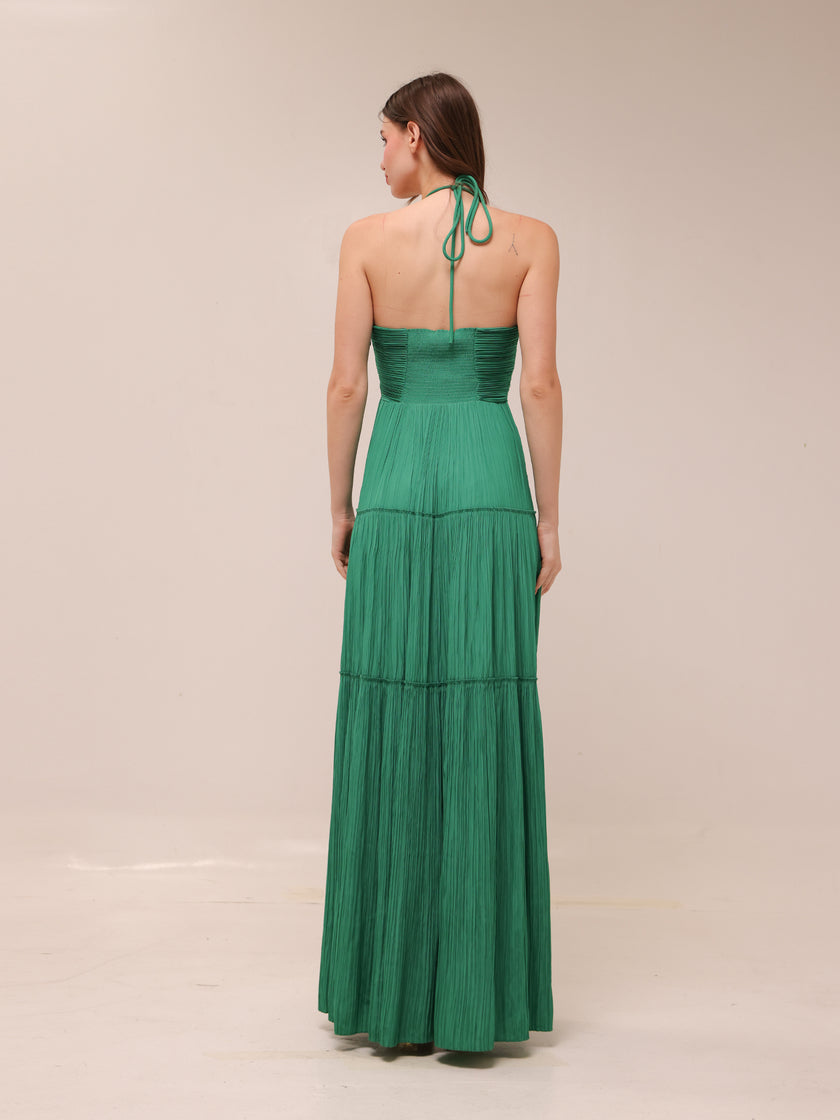 Cecilia Plissé Satin Halter Maxi Dress