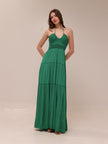 Cecilia Plissé Satin Halter Maxi Dress