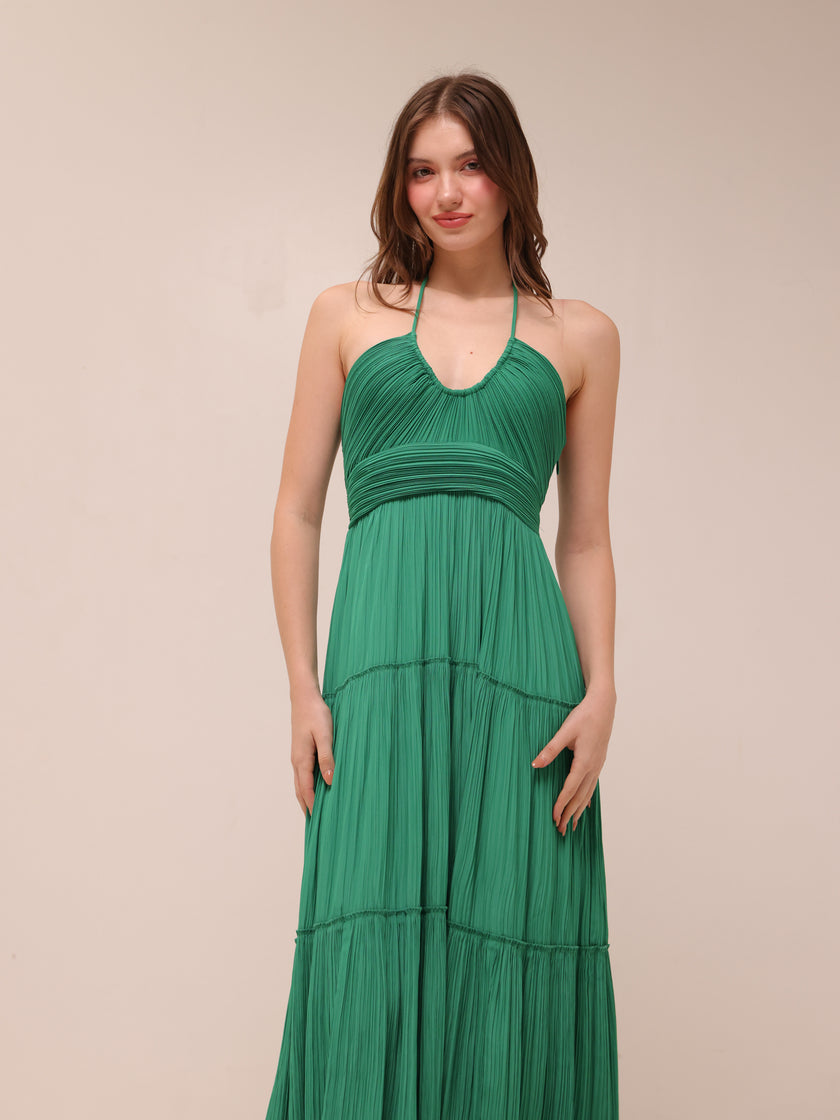 Cecilia Plissé Satin Halter Maxi Dress