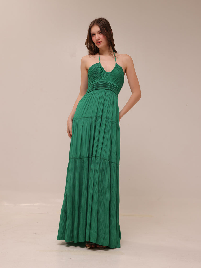 Cecilia Plissé Satin Halter Maxi Dress