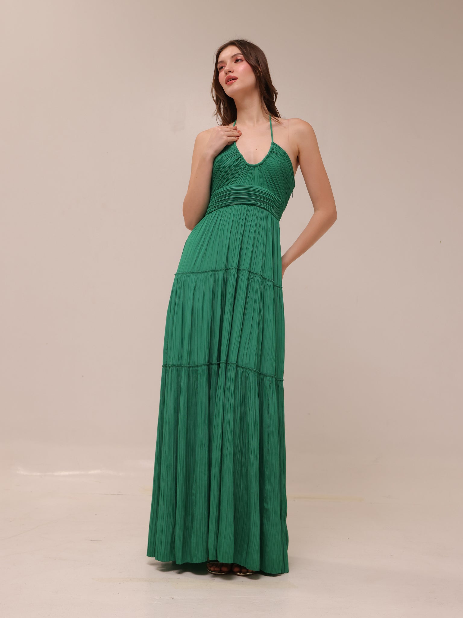 Cecilia Plissé Satin Halter Maxi Dress