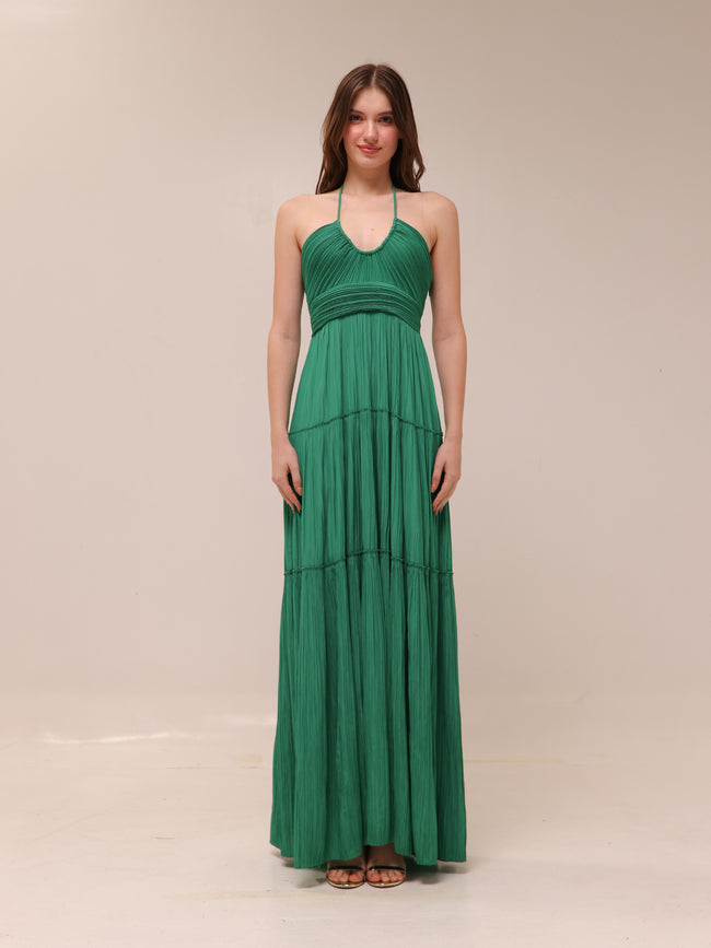 Cecilia Plissé Satin Halter Maxi Dress