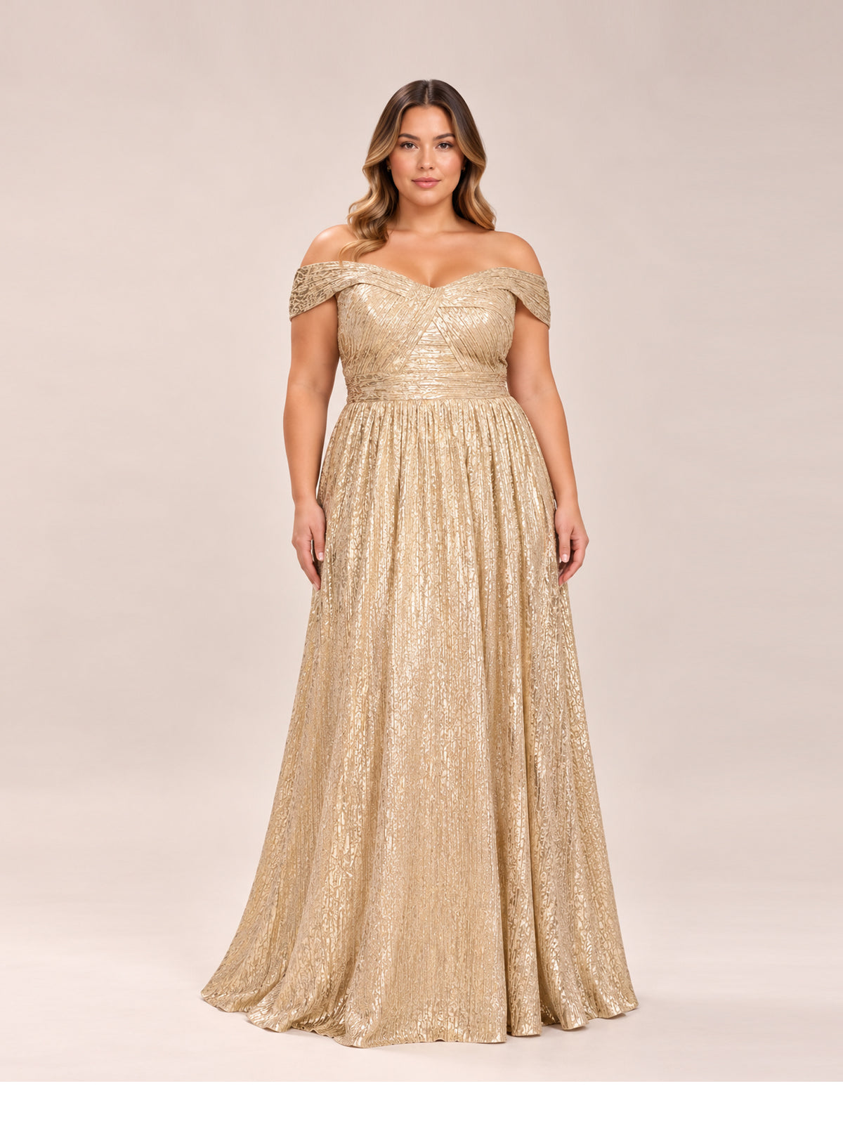 Off The Shoulder Metallic Foiled Pleated Mesh Long A-Line Ball Gown Dress