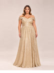 Off The Shoulder Metallic Foiled Pleated Mesh Long A-Line Ball Gown Dress