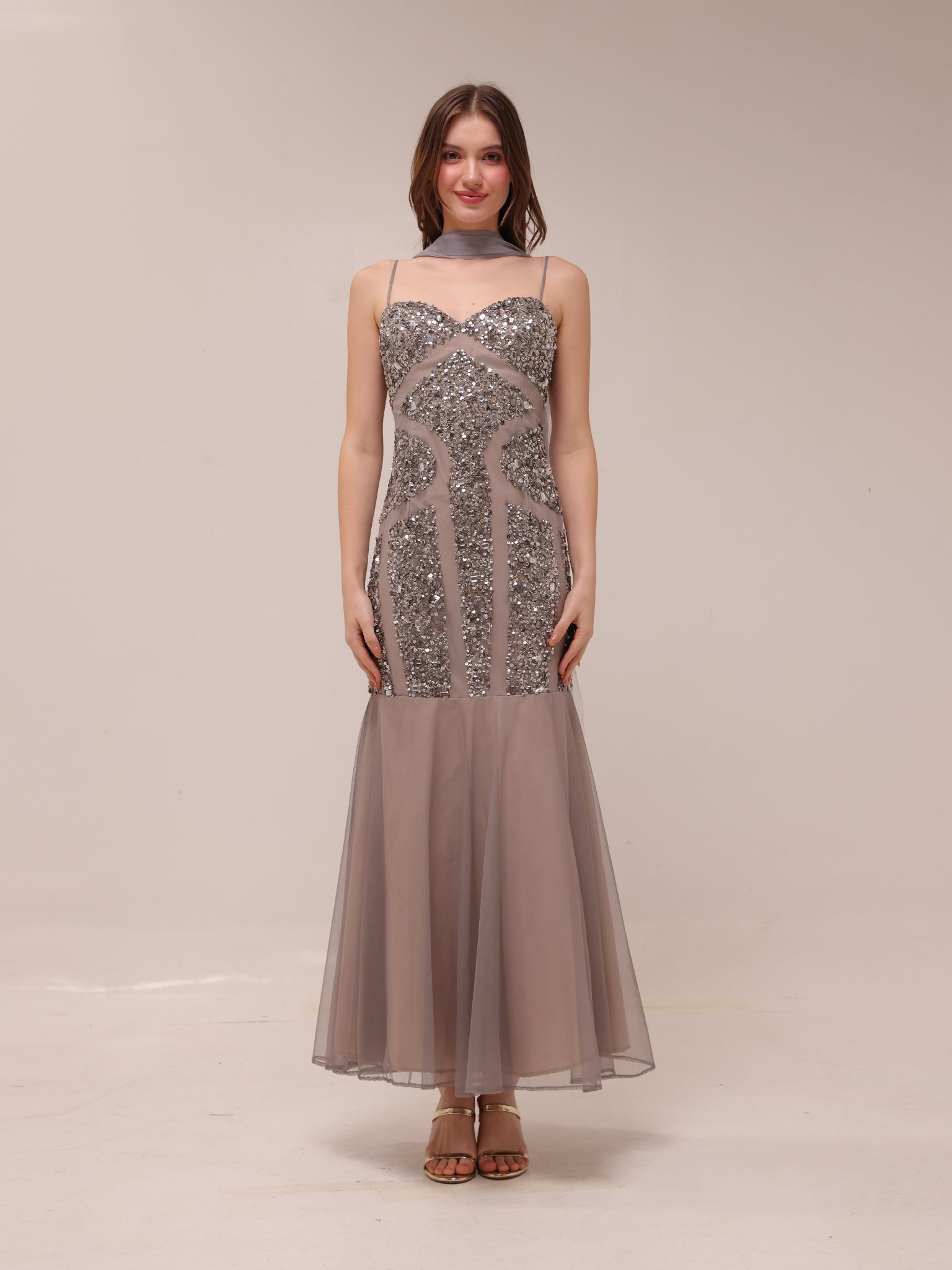Silver Embellished Illusion Mermaid Gown
