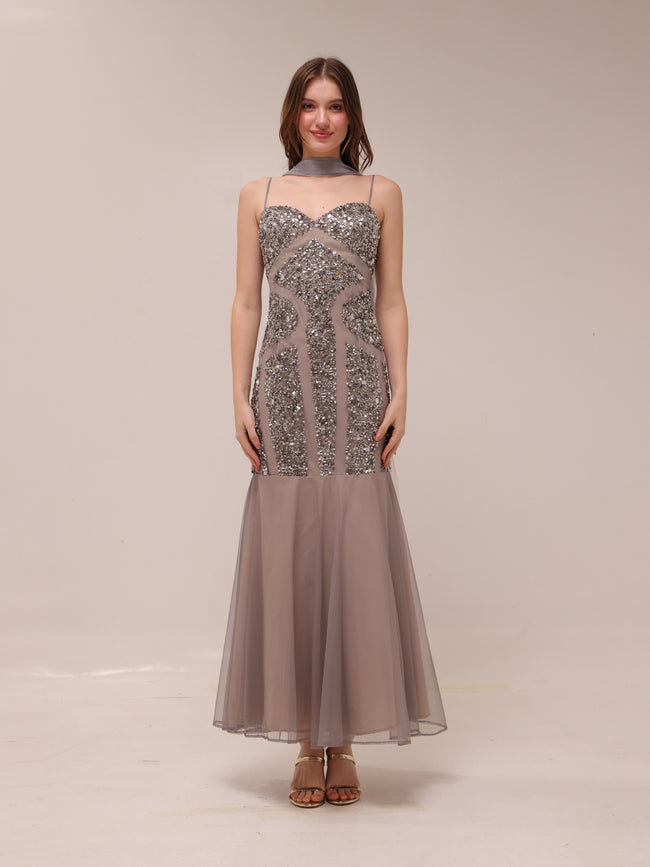Silver Embellished Illusion Mermaid Gown