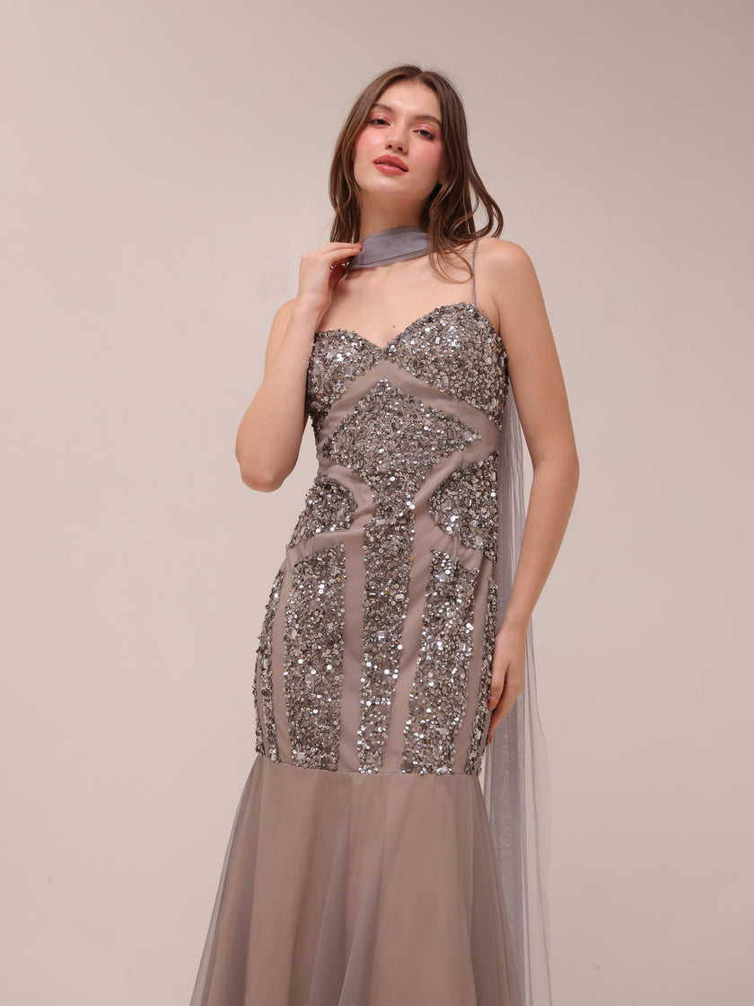 Silver Embellished Illusion Mermaid Gown