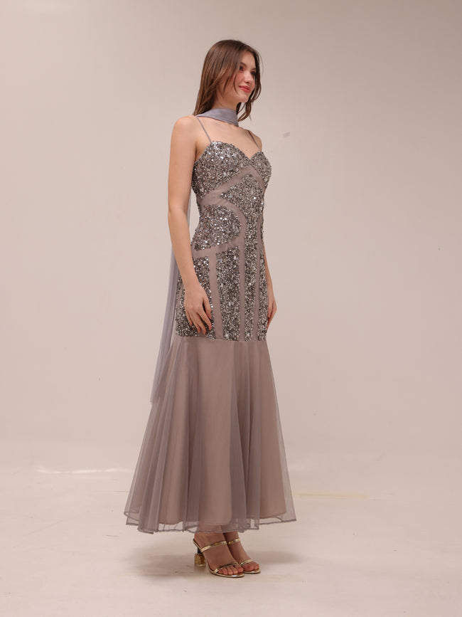 Silver Embellished Illusion Mermaid Gown