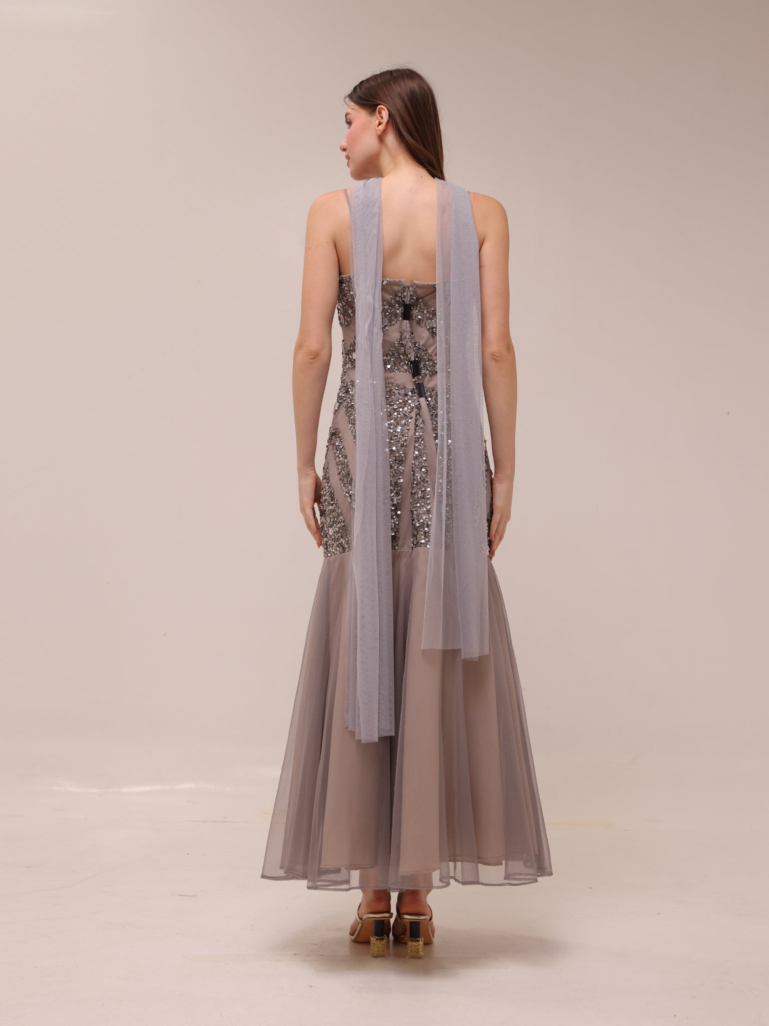 Silver Embellished Illusion Mermaid Gown