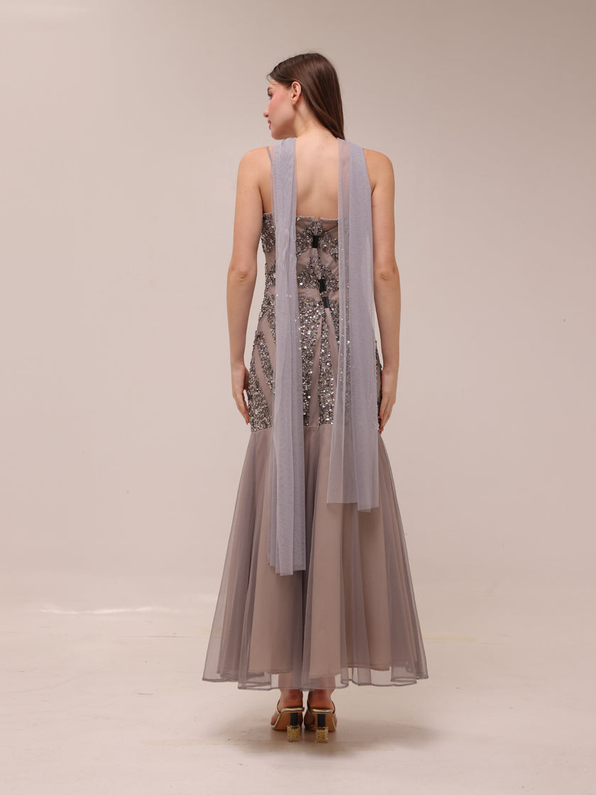 Silver Embellished Illusion Mermaid Gown