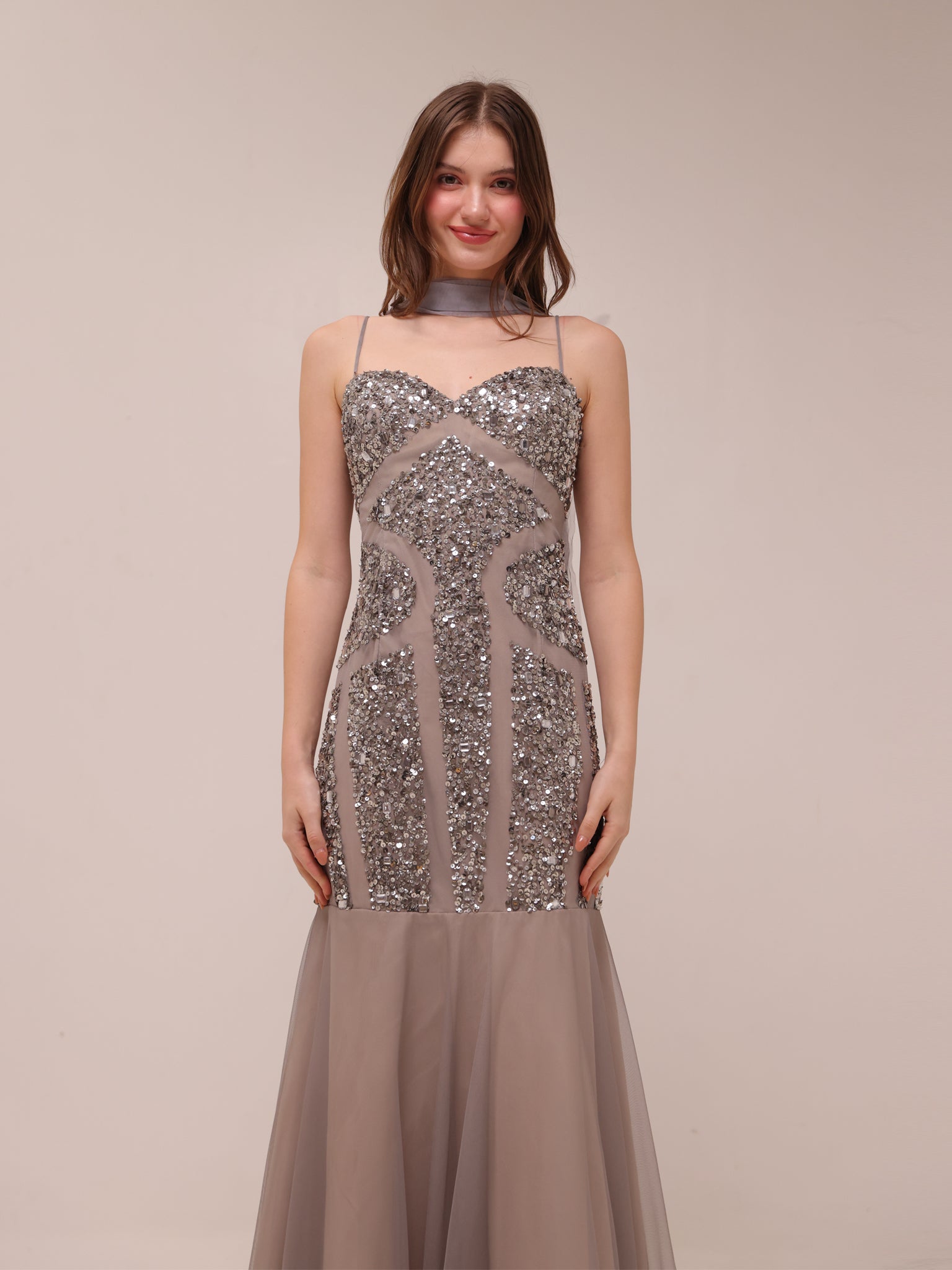 Silver Embellished Illusion Mermaid Gown