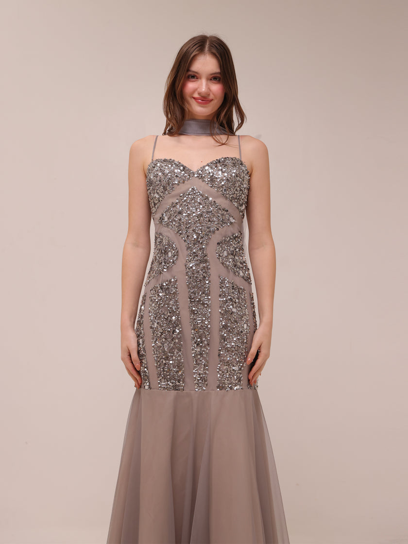 Silver Embellished Illusion Mermaid Gown
