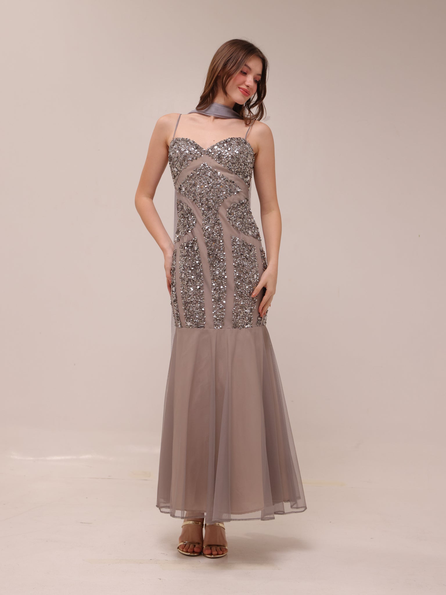 Silver Embellished Illusion Mermaid Gown