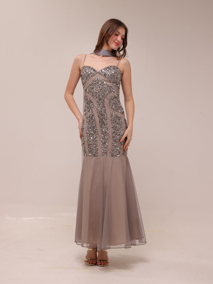 Silver Embellished Illusion Mermaid Gown