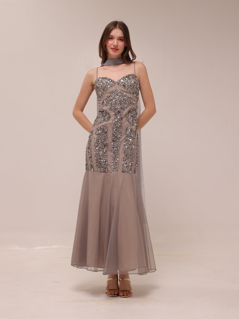 Silver Embellished Illusion Mermaid Gown