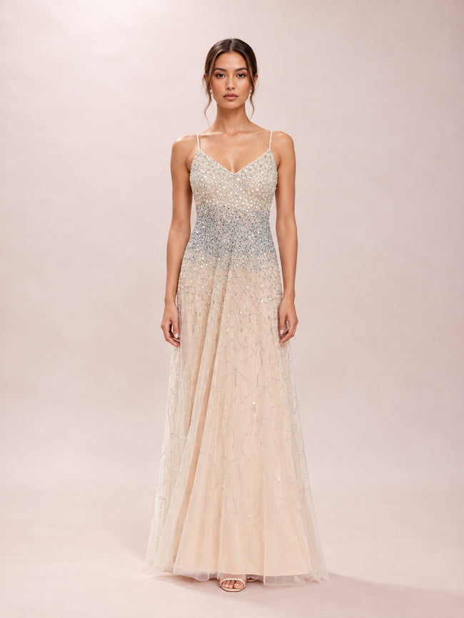 Beaded A-Line Gown in Nude