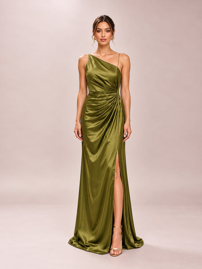 Olive Green One-Shoulder Satin Maxi Dress