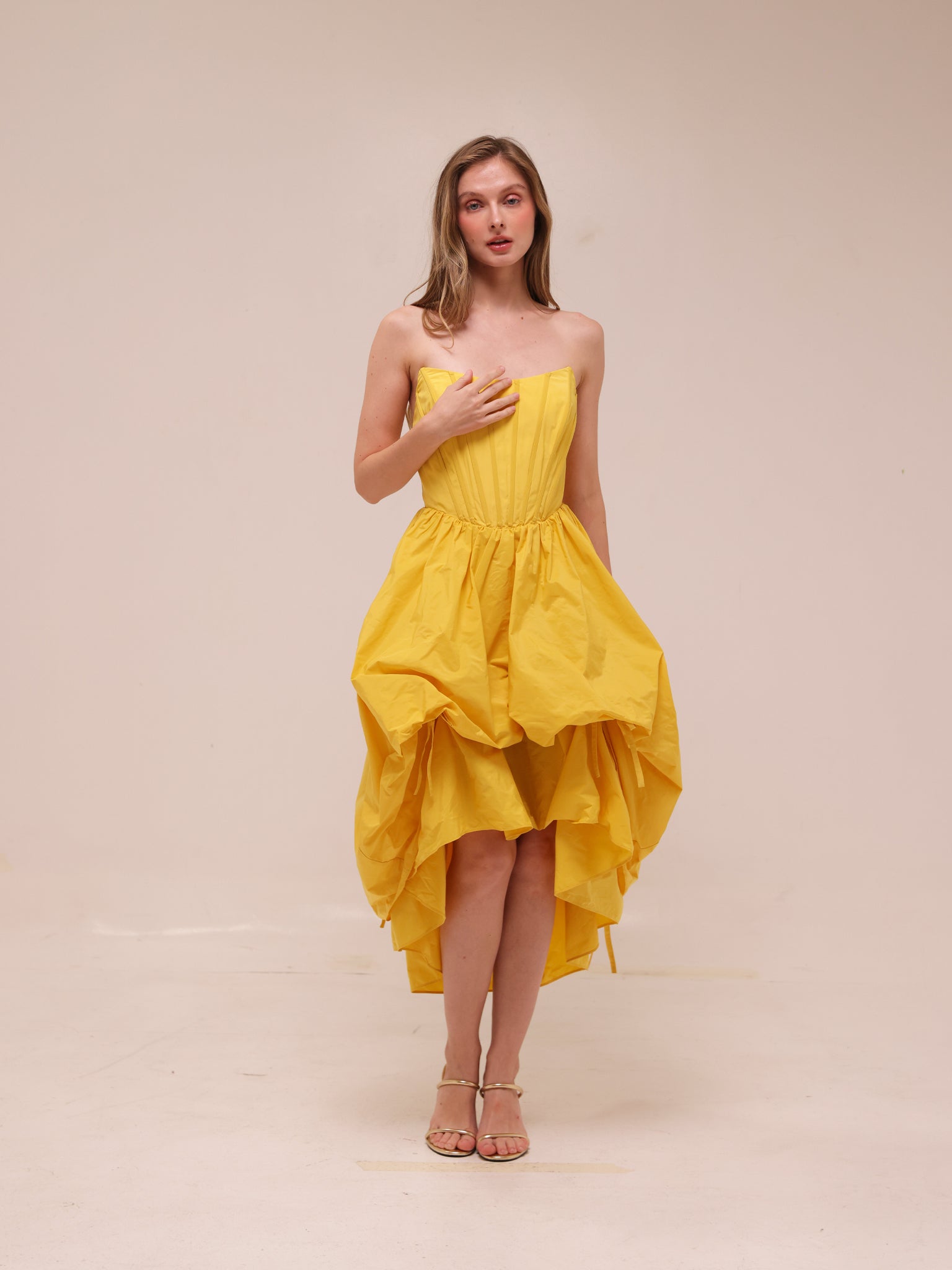Corset High-Low Bubble Dress in Yellow