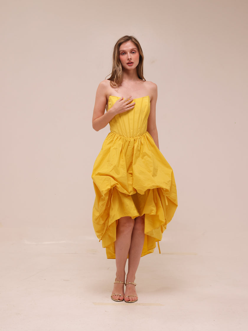 Corset High-Low Bubble Dress in Yellow