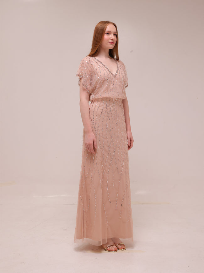Champagne Beaded Blouson Gown