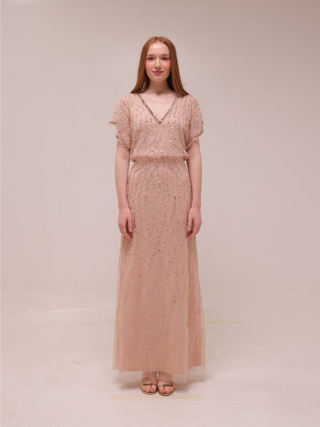 Champagne Beaded Blouson Gown