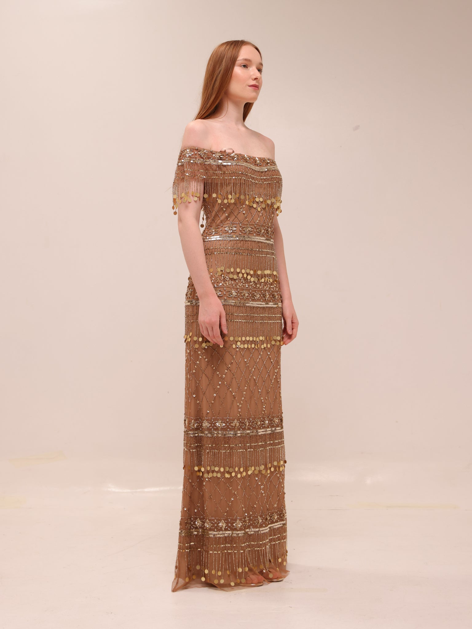 Gold Fringe Beaded Gown Gatzby