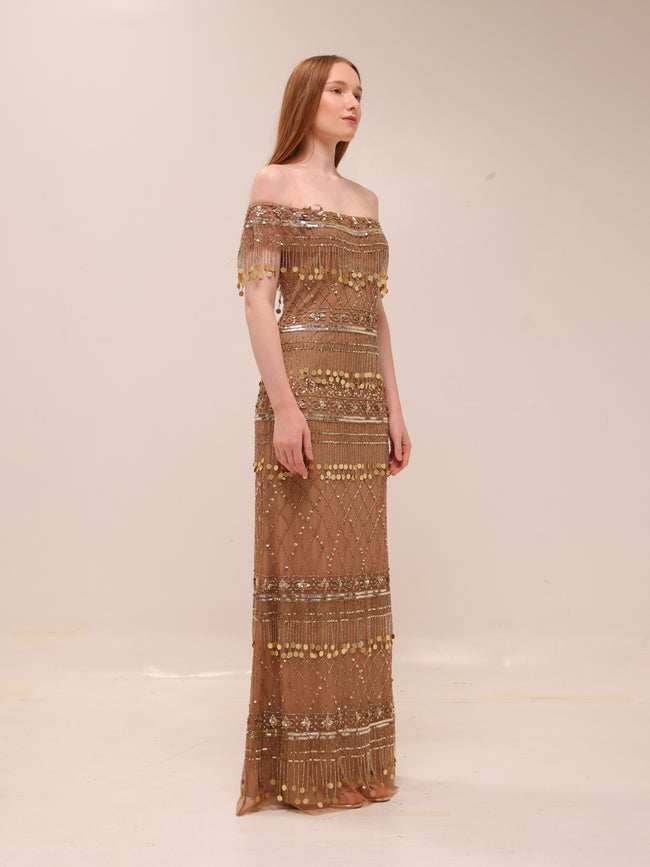 Gold Fringe Beaded Gown Gatzby