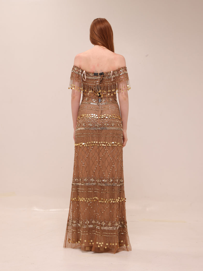 Gold Fringe Beaded Gown Gatzby