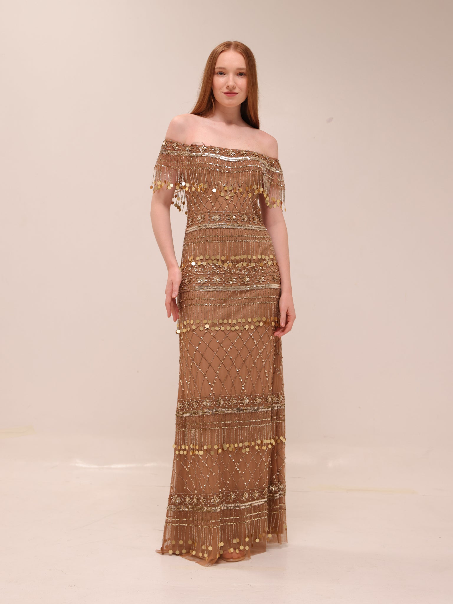 Gold Fringe Beaded Gown Gatzby