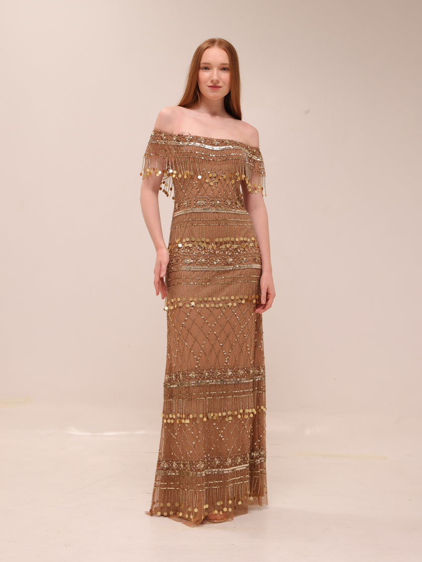 Gold Fringe Beaded Gown Gatzby