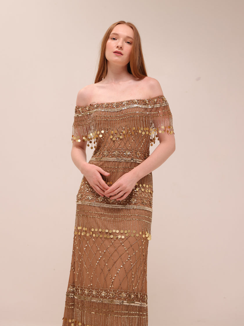 Gold Fringe Beaded Gown Gatzby