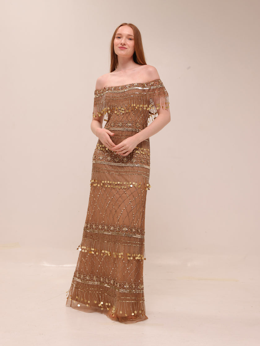 Gold Fringe Beaded Gown Gatzby